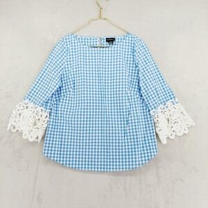 Liz Claiborne Career Blue White Gingham Check Blouse & Lace Trim Sleeves P5783